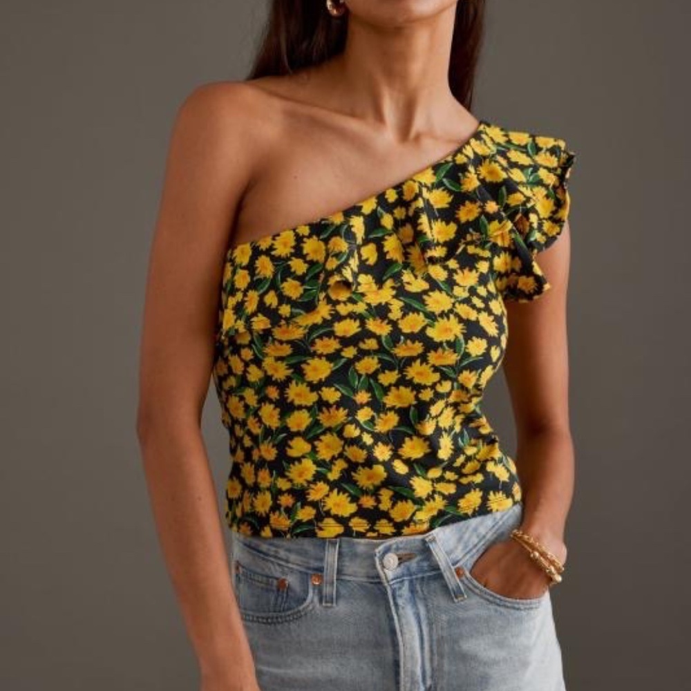 NWT Anthropologie Maeve Floral One-Shoulder Ruffle Top XL
